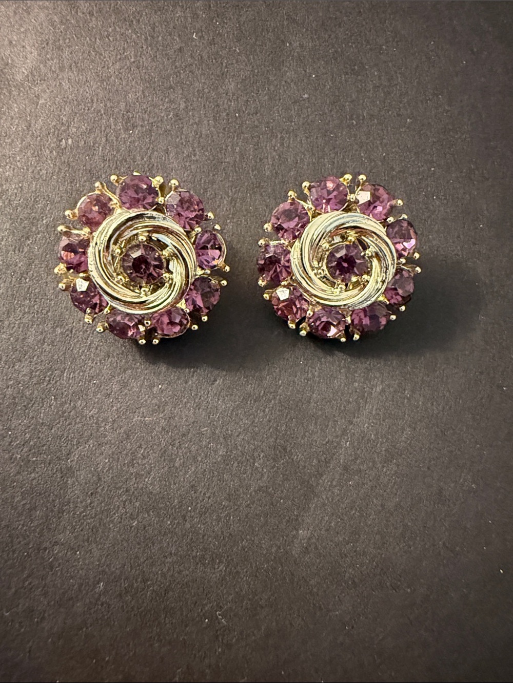 Vintage Lisner Swirl Cluster Purple Rhinestone Mid Century Clip-On Earrings